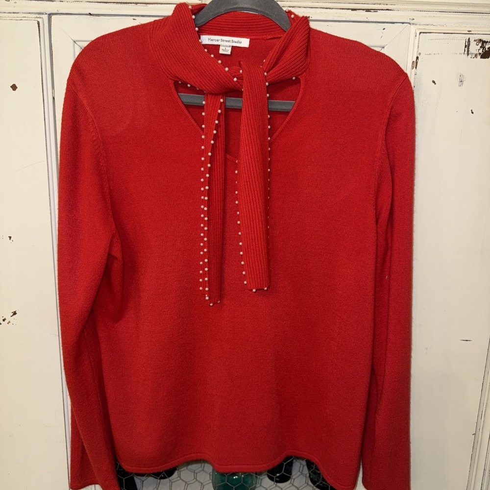 Ladies Red Sweater With White Pearls Large Mercer Street Studio
